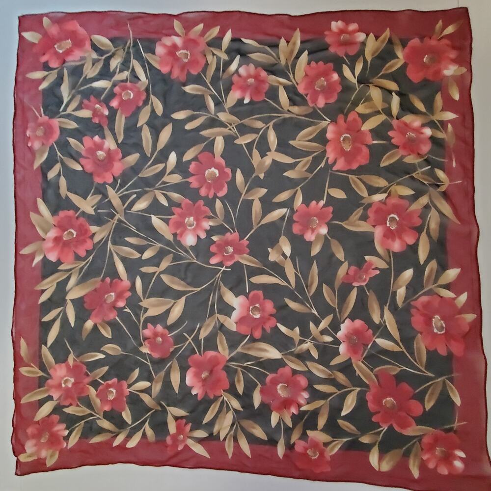Ann Taylor 100% Silk Scarf Black Red Floral Square Sheer Vintage Wrap 23 x 23